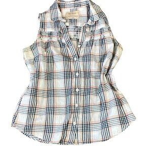 Old Ranch Cotton Plaid Smock Accent Sleeveless Button-Down Top Sz S #278G